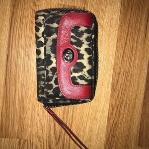Cheetah print Coach wristlet with red accents